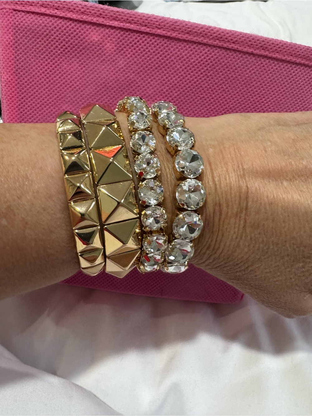 Gold Pyramid and Rhinestone Stretch Bracelet Set - Women Jewelry